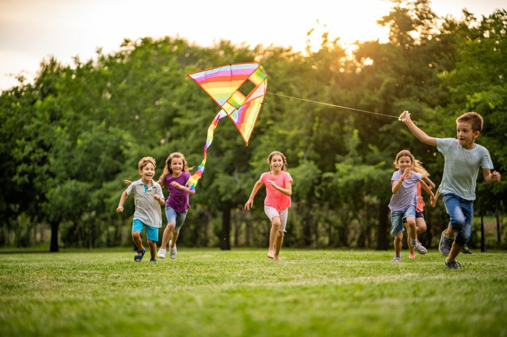 children flying a kite in the park