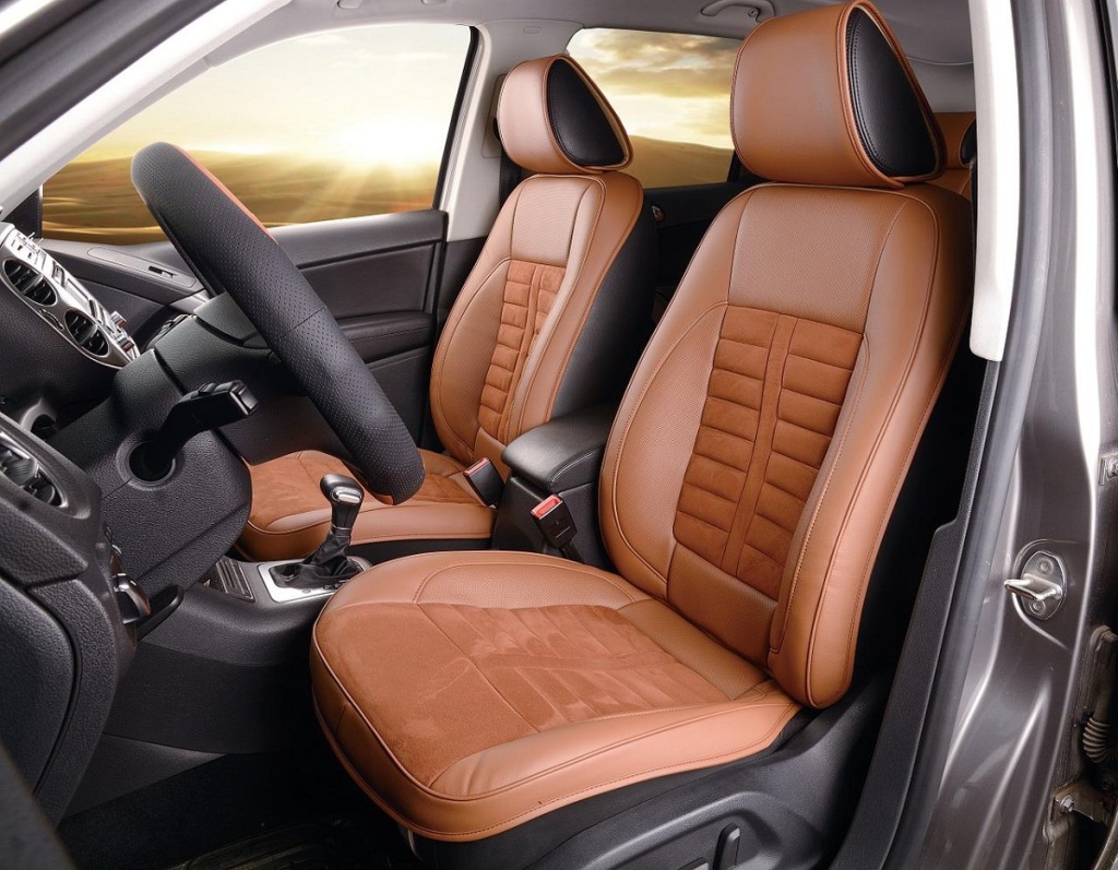 car interior with light brown car seat covers